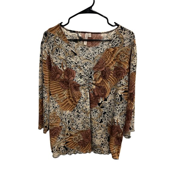 Susan Lawrence Floral Angel Wing V Neck Blouse Brown Black Sz 3X Whimsical - Picture 1 of 8